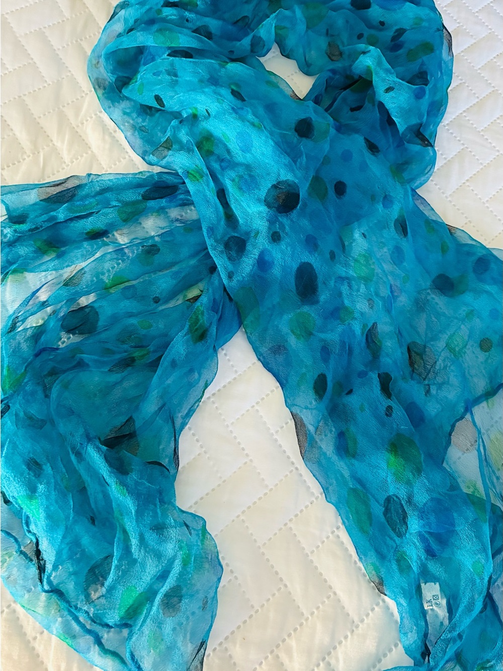 100% Pure Silk Scarf Turquoise Blue Green Abstract Print Lightweight Sheer 30x56
